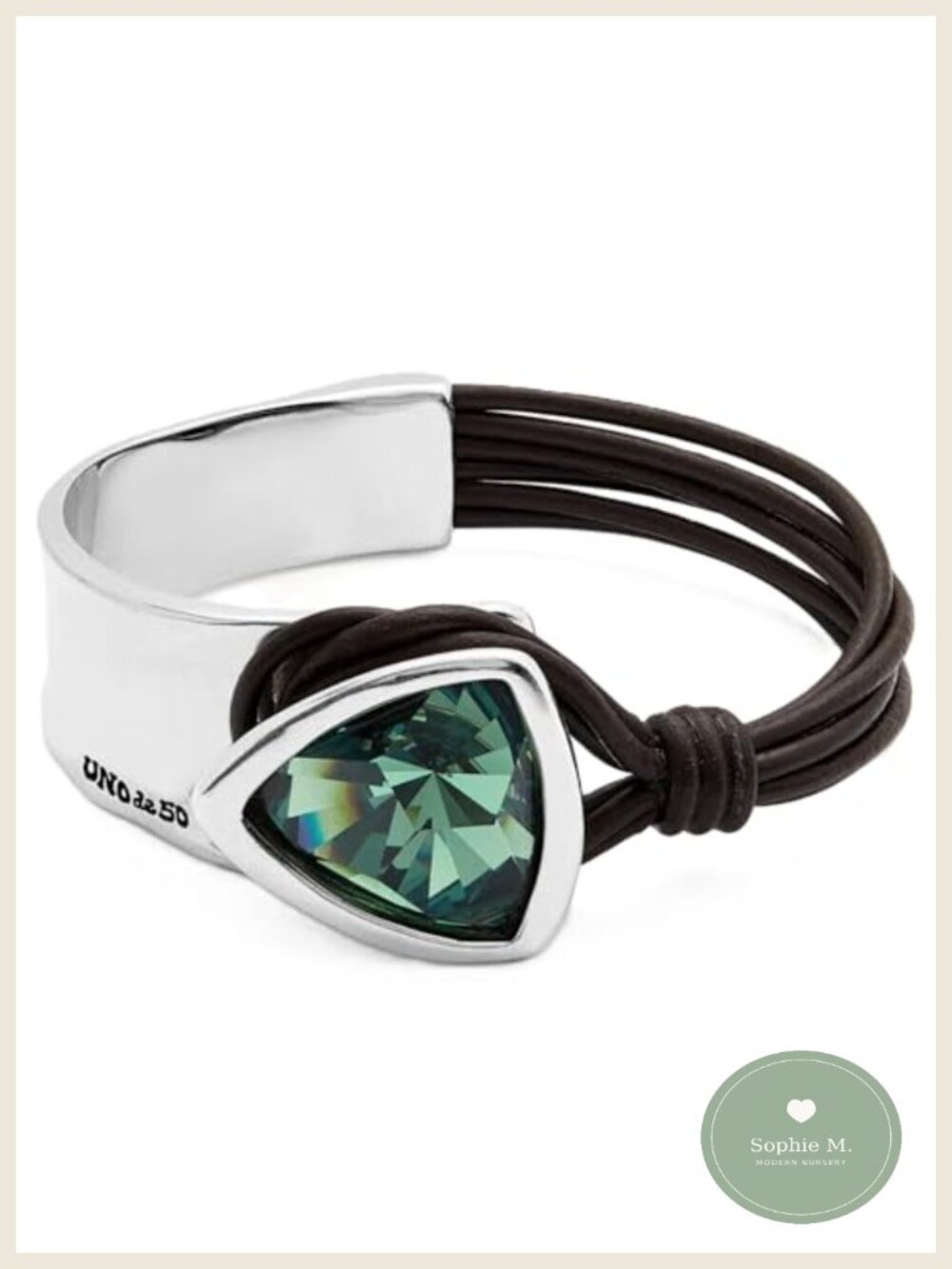 Sterling Silver-Plated Leather Crystal Rigid Cuff Bracelet Handmade in Spain